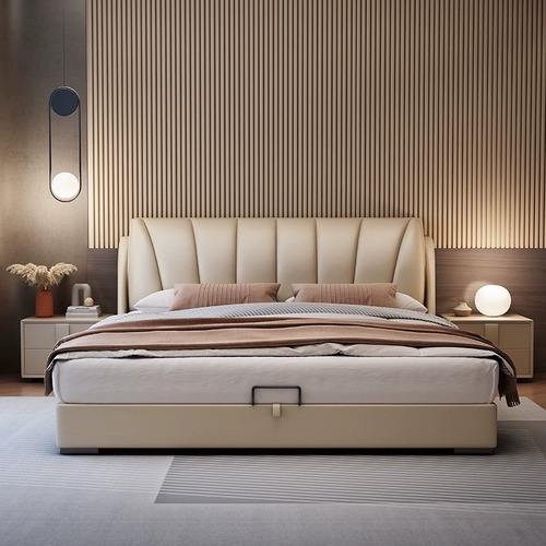 Кожаная кровать Light Luxury Modern Минималистская двуспальная кровать главная спальня кровать 1,8 метра Большой кровать для хранения сплошной деревянной кровать высокая атмосфера