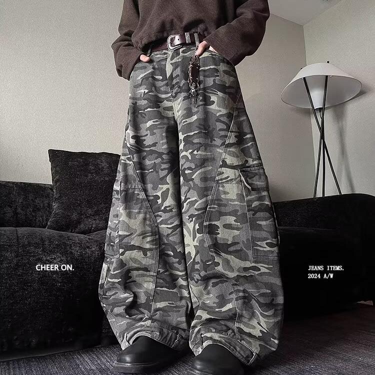 American Retro Multi-Pocket Camouflage Cargo Pants for Men and Women, Trendy Brand Loose Casual Baggy Wide-Leg Pants