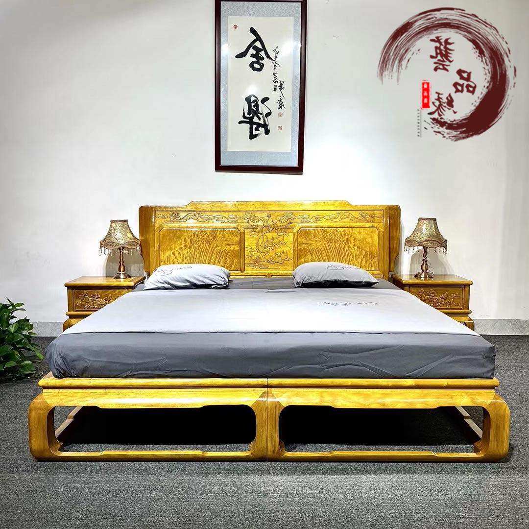Authentic gold silk Nangmu Xiaoye Zhennan New Chinese double solid wood bed imitation ancient wedding bed 1 8 m carved with full water wave