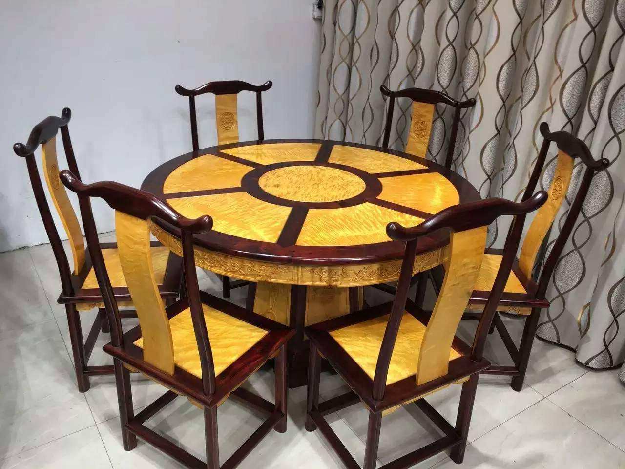 Authentic mahogany furniture gold silk nanmu furniture blood sandalwood inlaid gold silk nan round dining table combination seven-piece set of seven-piece solid wood