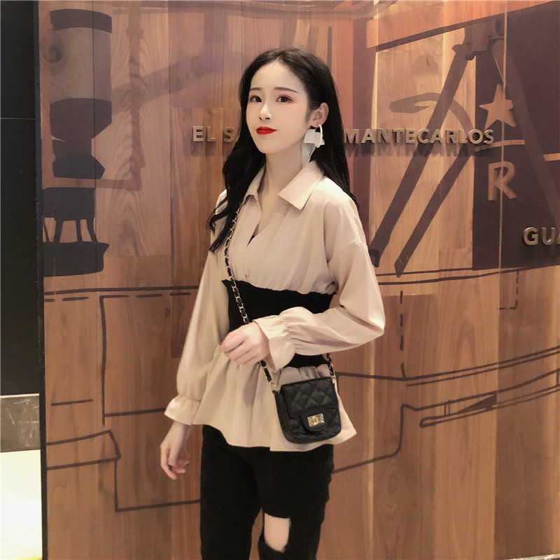 Phiên bản Hàn Quốc sang trọng áo sơ mi thu đông Hồng Kông hương vị retro eo sừng dài tay nữ 2018 mới nước ngoài nhỏ áo thủy triều áo sơ mi kaki