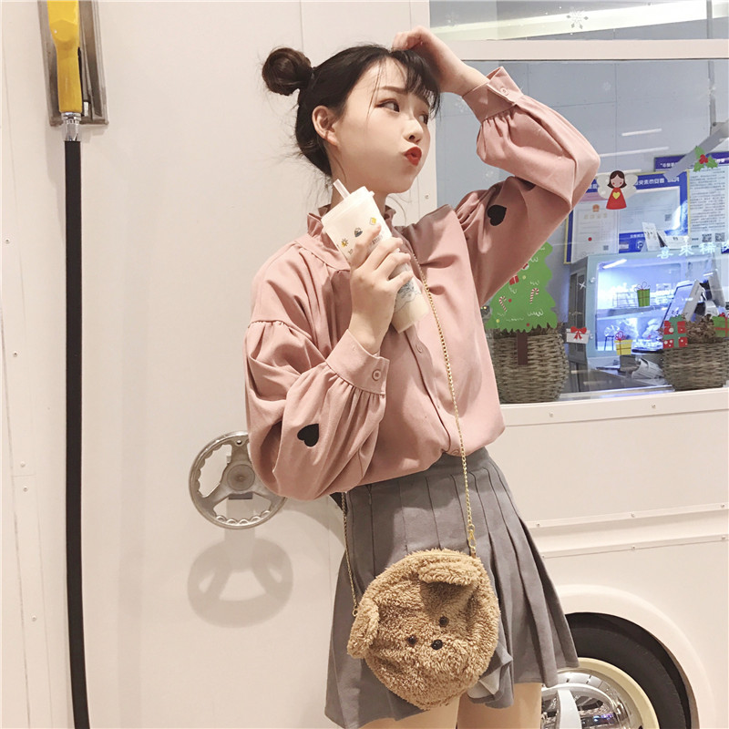 Xuân-Hè 2018 nữ phiên bản Hàn Quốc của chiếc quạt dễ thương mềm mại thêu em bé đứng cổ áo dài tay áo sơ mi dài tay bé nhỏ tươi tắn mẫu áo sơ mi lụa nữ đẹp