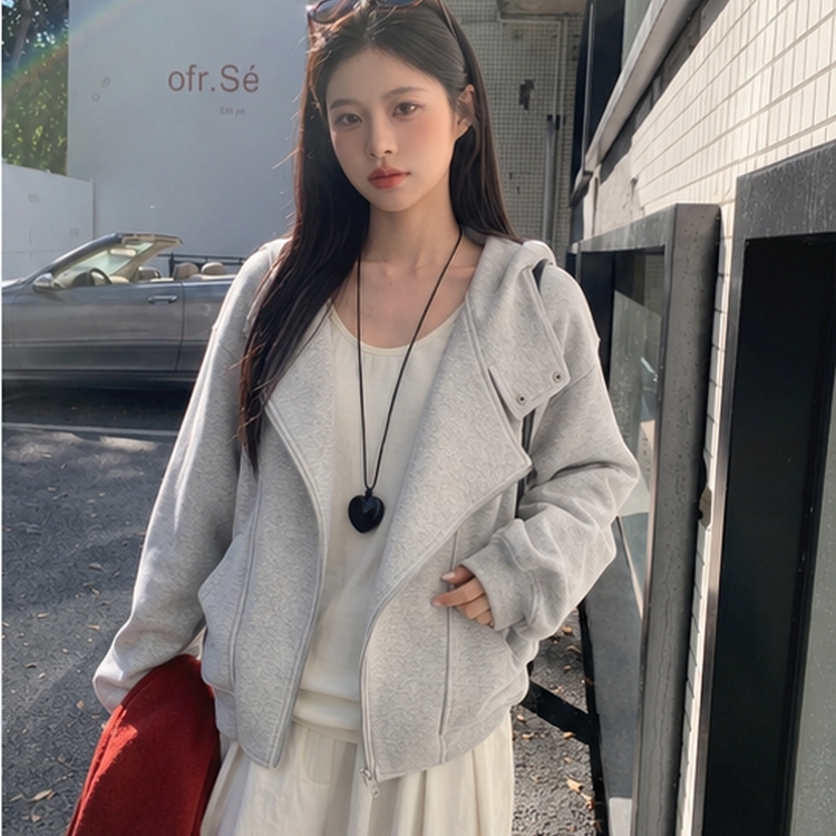 Gray Double-Zip Hooded Sweatshirt Jacket for Autumn, Winter, and Early Spring, Loose Fit for Petite Individuals, Thickened Cardigan Polo Shirt