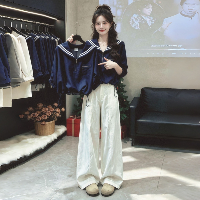 Korean-Style Navy Blue Lantern Sleeve Sailor Collar Shirt for Women, 2026 Summer New Loose Thin Sun-Protective Top Korean-Style Navy Blue Lantern Sleeve Sailor Collar Shirt for Women, 2026 Summer New Loose Thin Sun-Protective Top