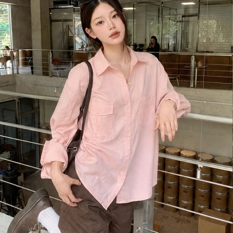French-Style Niche Pink Long-Sleeve Shirt, Early Autumn Design, Chic Blouse for Petite Women, Pink Shirt