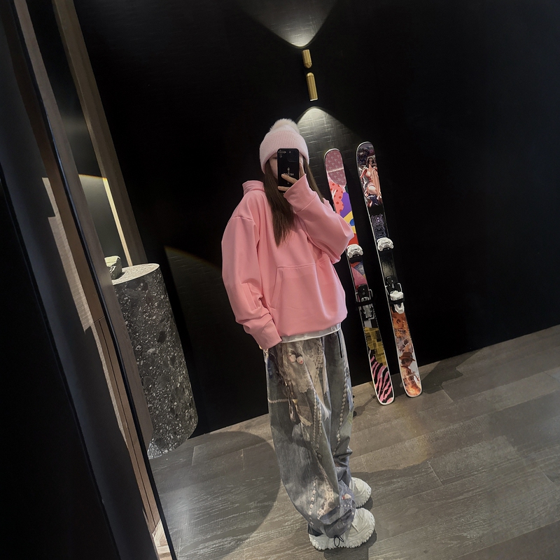 Barbie Pink Dopamine New Style Fleece-Lined Water-Repellent Warm Single-Board and Double-Board Freestyle Loose Slimming Sweatshirt Barbie Pink Dopamine New Style Fleece-Lined Water-Repellent Warm Single-Board and Double-Board Freestyle Loose Slimming Sweatshirt