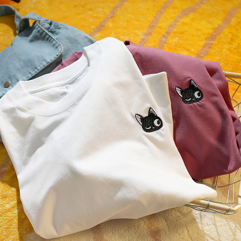 Upch Wants to Be Your Dream Shadow, Travel Cat, Heart's Darling, Japanese-Style Simple Embroidered Short-Sleeve T-Shirt, Pure Cotton, Unisex