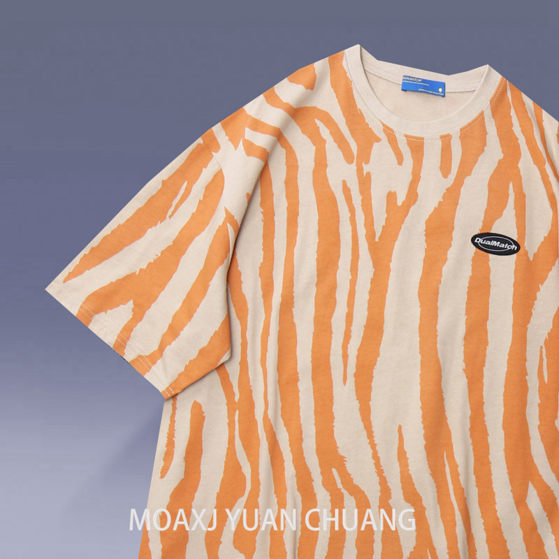 MOAXJ original tide brand zebra pattern striped Japanese summer dress men and women national tide couple loose short-sleeved T-shirt