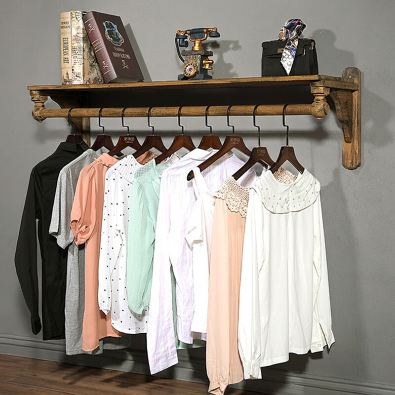 Retro Clothing Store Wall Display Rack Wall-Mounted Solid Wood Clothes Rack Bag and Shoe Store Shoe Rack Decorative Storage Rack
