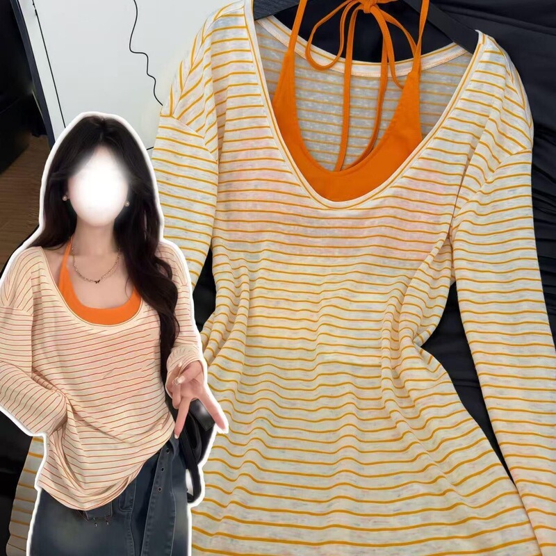 Hot Girl Korean-Style Striped Sun-Protective Cover-Up for Women, Spring and Summer Loose Thin Long-Sleeve T-Shirt with Halter Neck and Camisole Top Two-Piece Set Hot Girl Korean-Style Striped Sun-Protective Cover-Up for Women, Spring and Summer Loose Thin Long-Sleeve T-Shirt with Halter Neck and Camisole Top Two-Piece Set