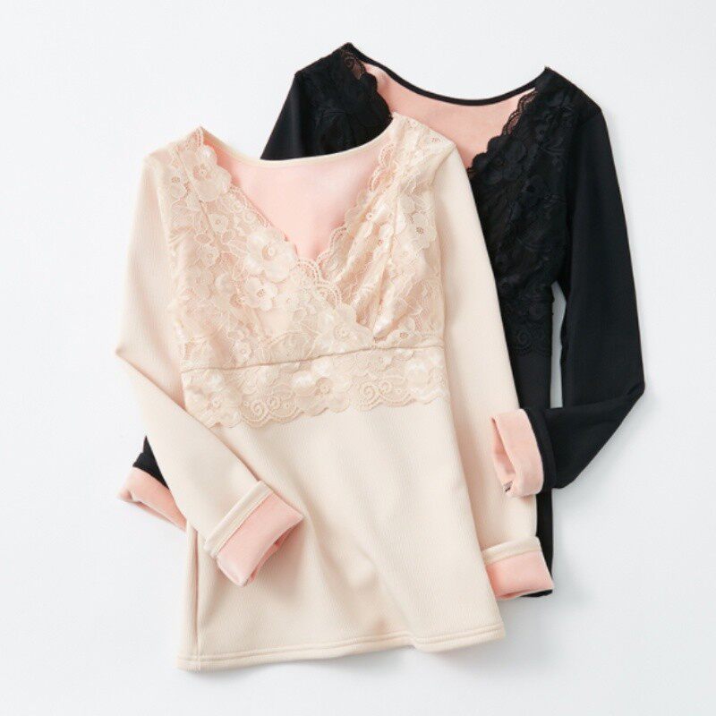 纯棉一体绒保暖内衣女加厚加绒秋衣上衣单件打底低领秋冬发热长袖