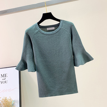 Summer ice silk knitted T-shirt female flared sleeve half sleeve seven short sleeve 2021 New slim round neck top thin