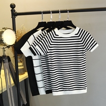 Short sleeve T-shirt female 2021 new summer Korean version Joker slim slim base coat black and white striped ice silk sweater