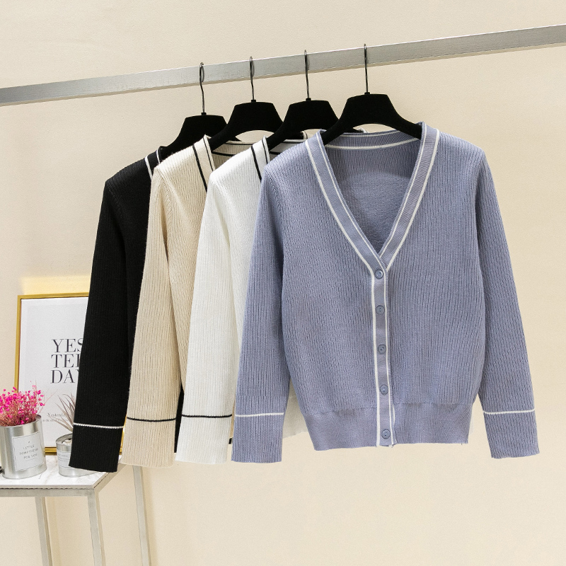 Dệt kim mùa xuân và mùa thu nữ cardigan của ngắn dài tay v-cổ áo len áo khoác Hàn Quốc phiên bản lỏng lẻo thời trang bên ngoài hố-dải edilated áo len