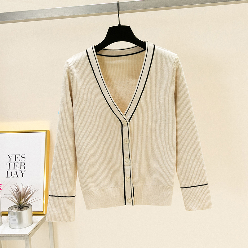 Dệt kim mùa xuân và mùa thu nữ cardigan của ngắn dài tay v-cổ áo len áo khoác Hàn Quốc phiên bản lỏng lẻo thời trang bên ngoài hố-dải edilated áo len