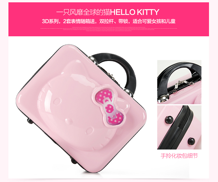 3D Chính hãng Hello Kitty Hành lý Bánh xe phổ thông Trẻ em Xe đẩy 18 inch Vali Hello Kitty - Va li vali kéo vải