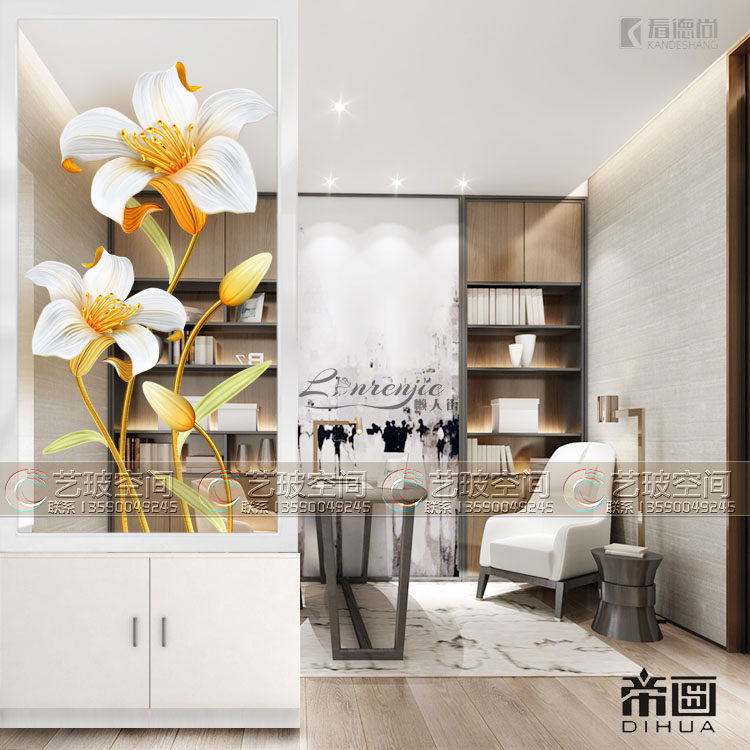 Art glass screen partition living room entry frosted tempering process Modern simple double-sided translucent lilies