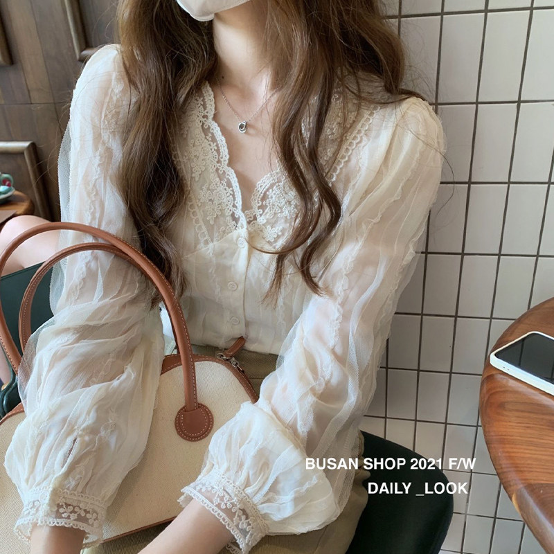 Рубашка с кружевным низом, женская шифоновая кружевная рубашка в западном стиле высокого класса, маленькая рубашка, милый и шикарный топ ранней осени