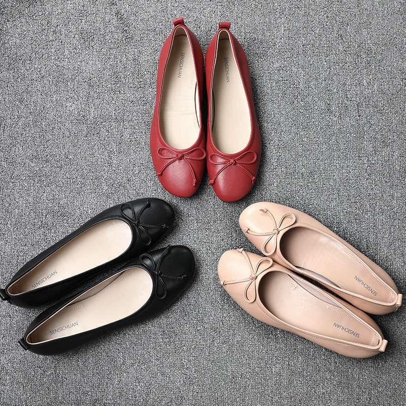 Craftsman custom soft leather little red shoes sheepskin bow flat grandma shoes genuine leather ballet shallow mouth single shoes women
