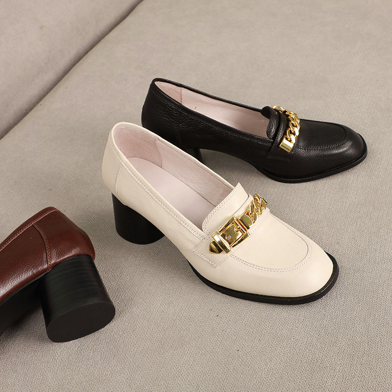 (Artisan handmade shoes) leather horsebit loafers thick heel single shoes women's middle heel thick bottom small leather shoes slip on