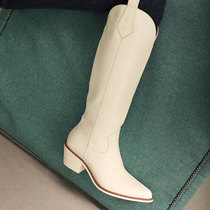 (Craftsman custom) genuine leather western cowboy boots womens high boots thick heel pointed toe plus velvet riding boots rider boots