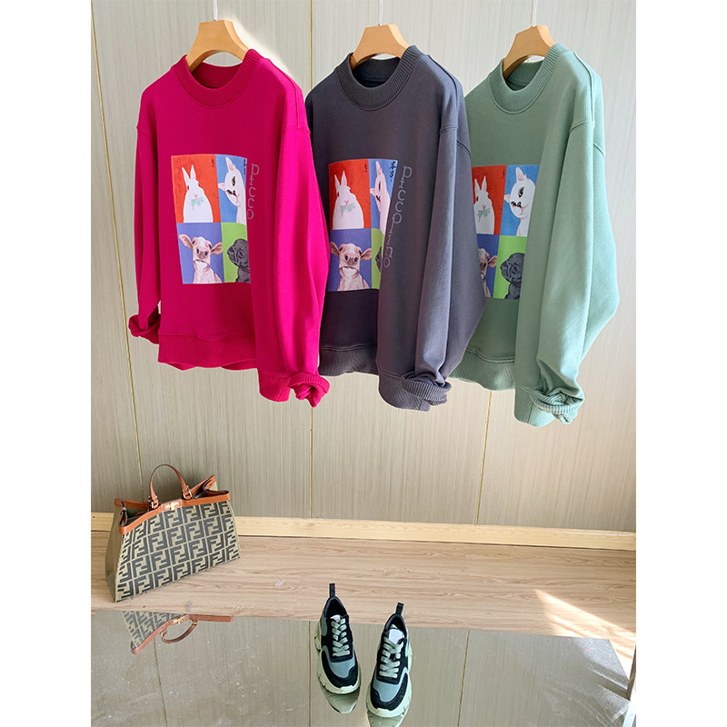 Old Guest Propulsion Fun Four Palace Lattice Animals Printed Casual Loose Loose Round Collar Long Sleeve Thick Cotton T Female New Autumn Winter