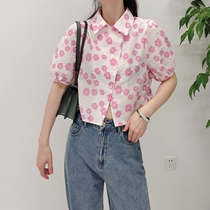Special price clearance non-refundable careful machine puff-sleeved shirt short-sleeved French short print shirt women