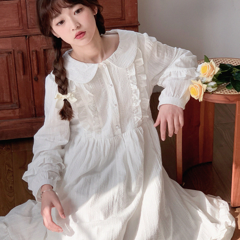 Branch small buds 2022 spring and summer new Japanese girls cute doll collar long-sleeved white lace dress women