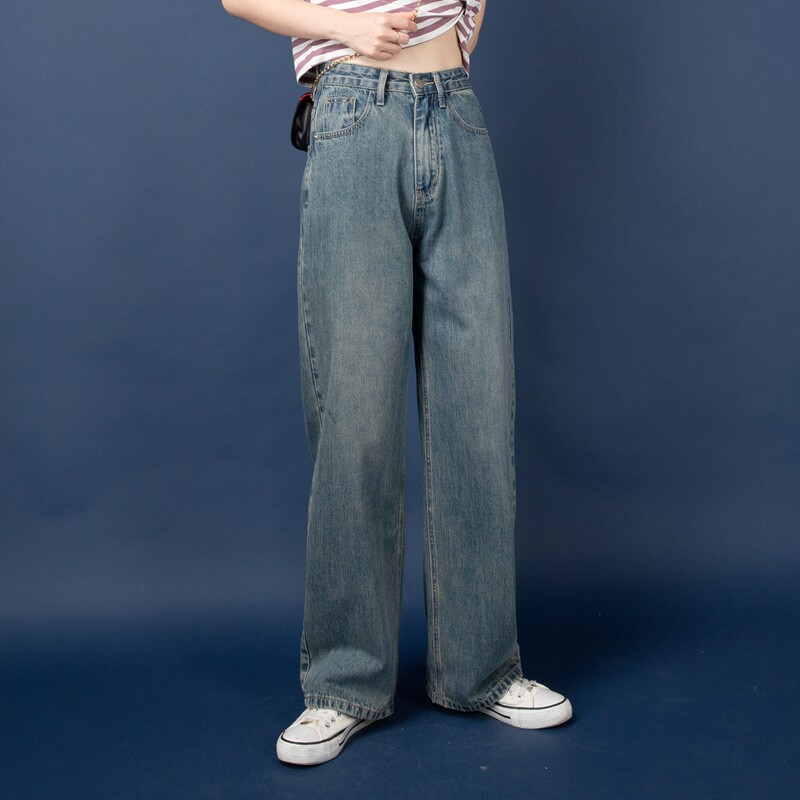 2022 autumn and winter new high-waisted slim straight tube loose washed old wide-leg trousers retro blue jeans women