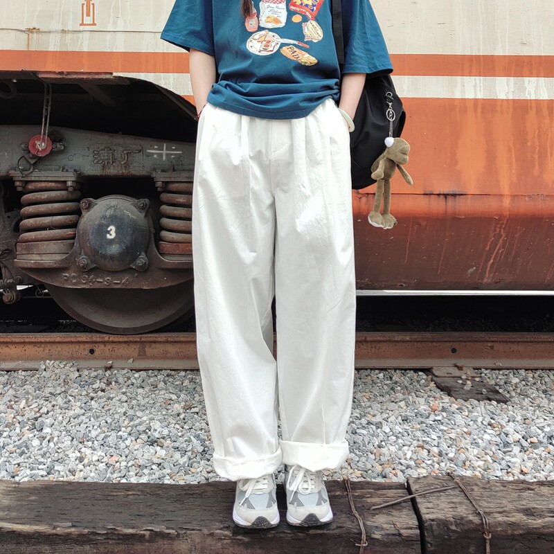 Branches and small buds 2022 spring and summer Japanese literature and art all-match wide-leg pants loose thin section high waist white casual trousers women