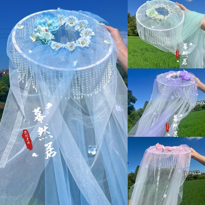 Original Curtain-Style Hat with Gradient Blue Silk Flowers, Super Fairy-Like Ethnic Dance Hanfu, Runway Show Photo Props, Ancient Style