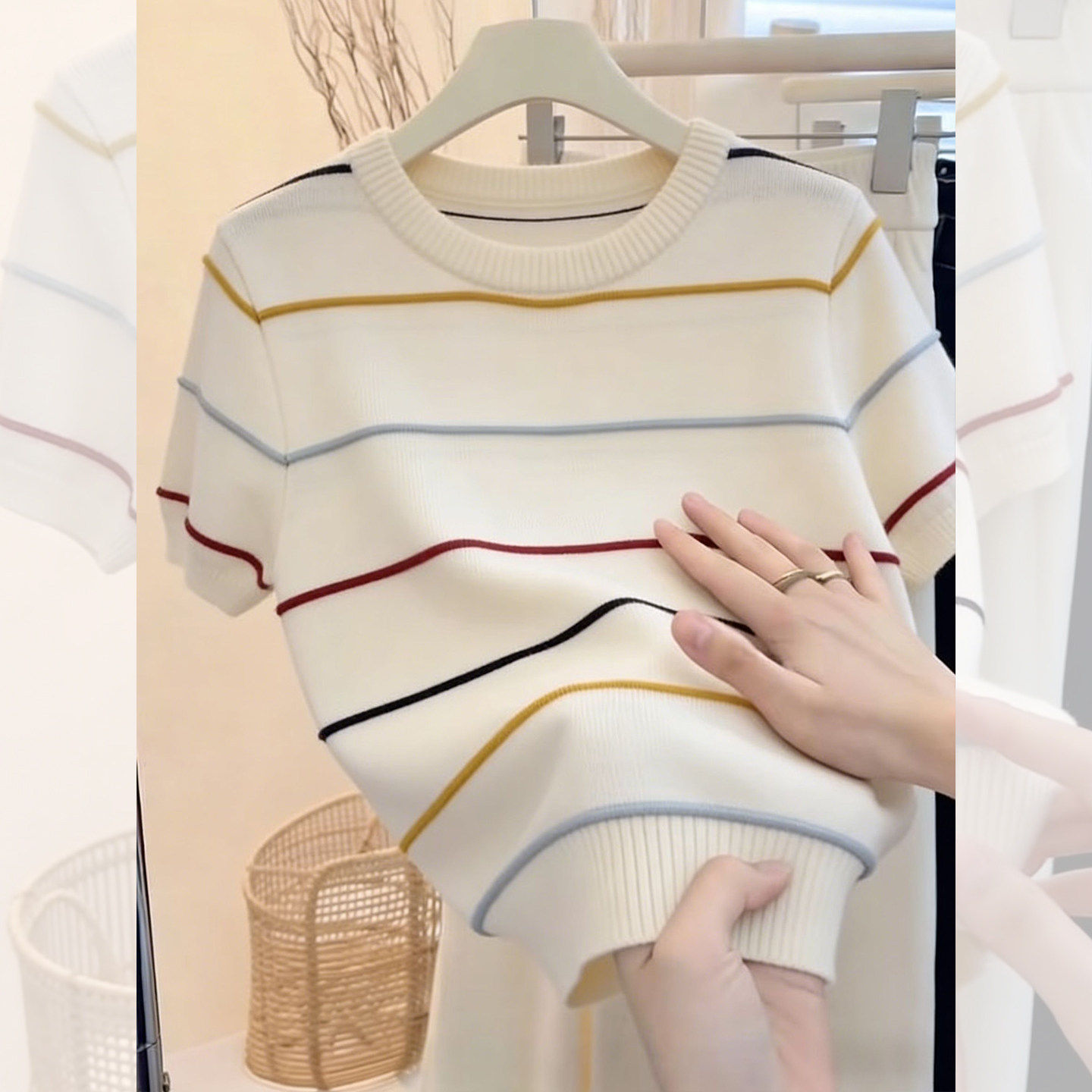 绝美巨好看的小上衣超火减龄针织条纹短袖t恤女2026新款夏季穿搭