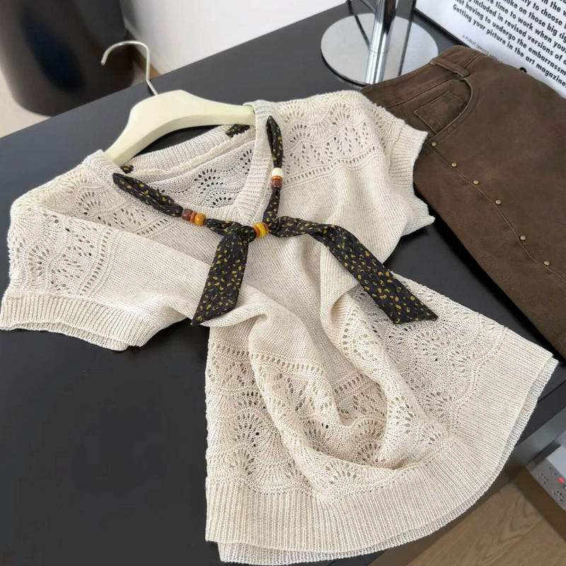 Bohemian Style Beige Hollow-Out Short-Sleeved Knit Top with Scarf, Women's Summer Sun-Protective Loose T-Shirt