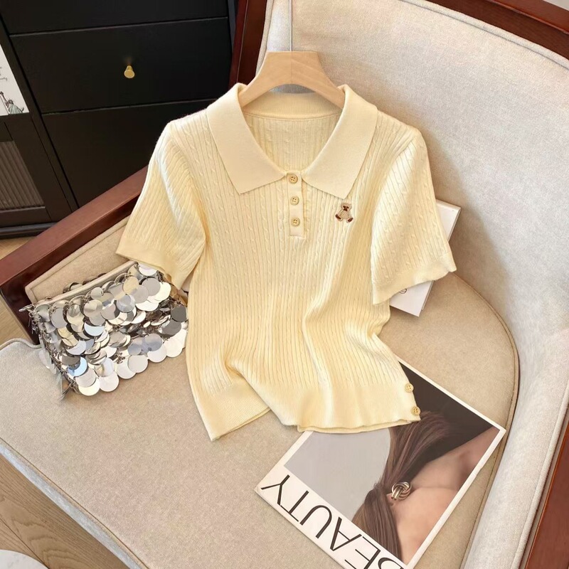 French-Style Polo Collar Bear Embroidery Knit Short-Sleeve Women's Summer New Unique Twist Short Versatile Top T-Shirt French-Style Polo Collar Bear Embroidery Knit Short-Sleeve Women's Summer New Unique Twist Short Versatile Top T-Shirt