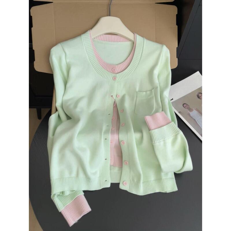 Fake Two-Piece Knitted Cardigan for Women, Early Spring Korean Style, Unique and Beautiful, Lazy and High-End Dopamine Milk Green Sweater Coat Fake Two-Piece Knitted Cardigan for Women, Early Spring Korean Style, Unique and Beautiful, Lazy and High-End Dopamine Milk Green Sweater Coat