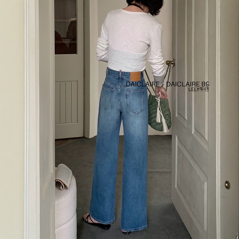 Dai Jiaer B9085 Straight-Leg Jeans for Women 2026 Spring New Style Blue High-Waisted Loose Slimming Non-Stretch Wide-Leg Pants