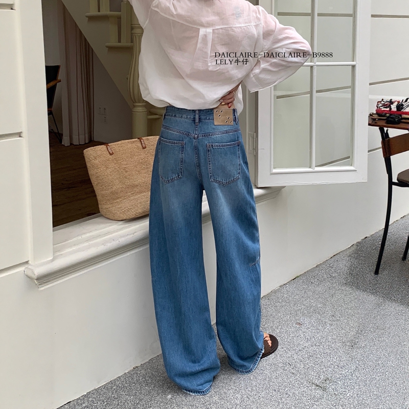 Dai Jiaer B9888 Wide-Leg Jeans for Women 2026 Summer New Thin Style Dad Jeans Blue High-Waisted Non-Stretch Scimitar Pants