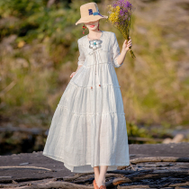 Ying Rui original national style pure linen dress female 2020 Spring NEW long white literary long skirt