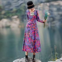 (The second piece only 1 yuan) Ying as a national style linen print dress women autumn and winter long skirt base skirt