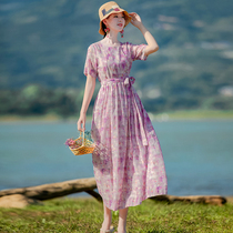 (The second piece 1 yuan) Ying Rui original ethnic style pure Ramie dress female summer flower long skirt showing thin temperament