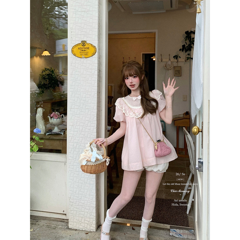 Chic Me Saint Tropez Vintage Lace Ruffled Babydoll Shirt Pink Sweet Girl Blouse Puff Sleeve Top Chic Me Saint Tropez Vintage Lace Ruffled Babydoll Shirt Pink Sweet Girl Blouse Puff Sleeve Top