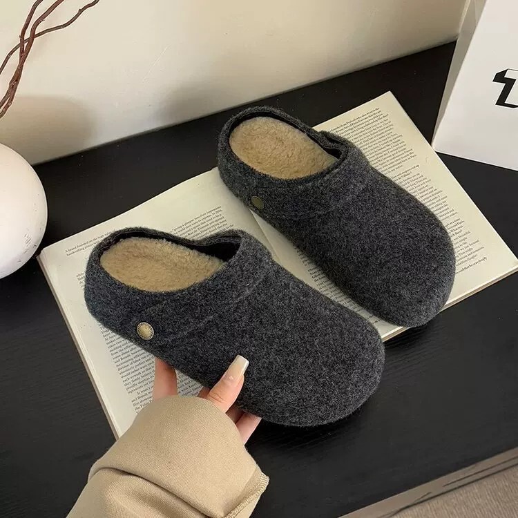 Winter Hot-Selling High-End Gray Birkenstock Shoes for Women, 2026 Winter New Korean Style Hepburn Style Woolen Half-Slip Cotton Boots