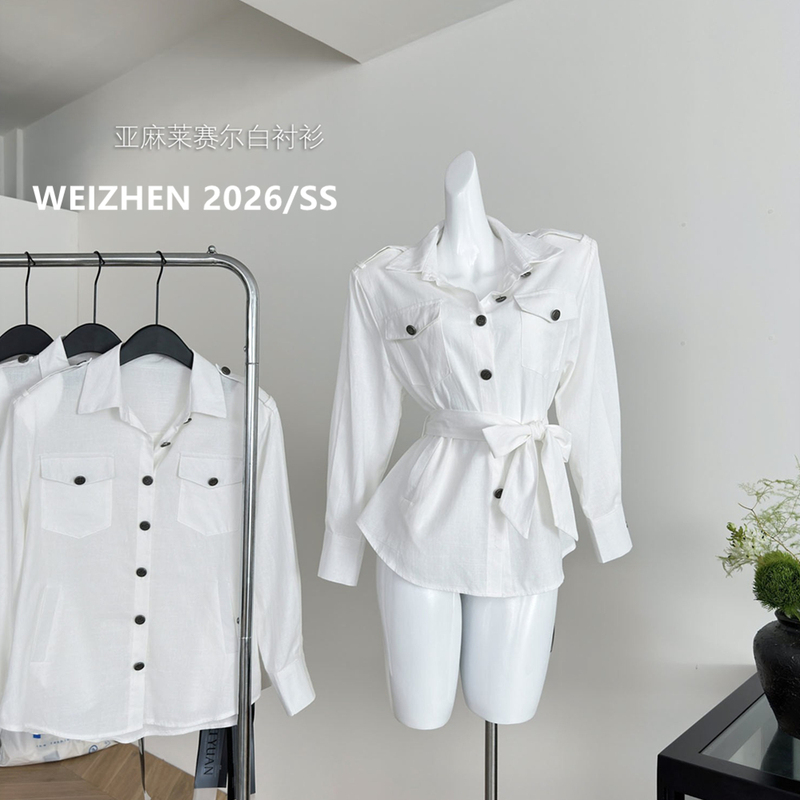 Linen Lyocell White Shirt with Shoulder Straps, Padded Shoulders, Multiple Pockets, Metal Handmade Buttons, 2025 New Model for Women