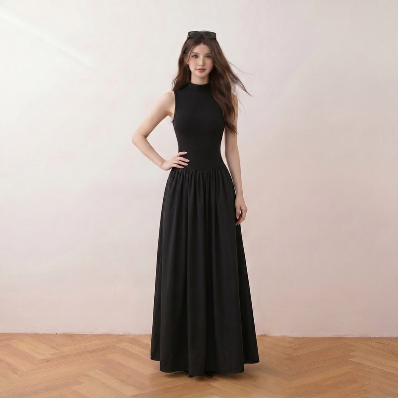 Kadaishan Elegant Black Sleeveless Dress for Women, Summer High-Neck Waist-Cinching Long Dress, Old Money Style Knit Dress Kadaishan Elegant Black Sleeveless Dress for Women, Summer High-Neck Waist-Cinching Long Dress, Old Money Style Knit Dress