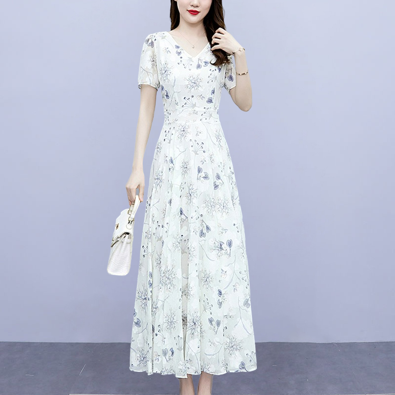 Ice Silk Satin Dress for Women 2025 Summer New Style Lace-Up Loose Slimming Long V-Neck Short-Sleeved Printed Dress