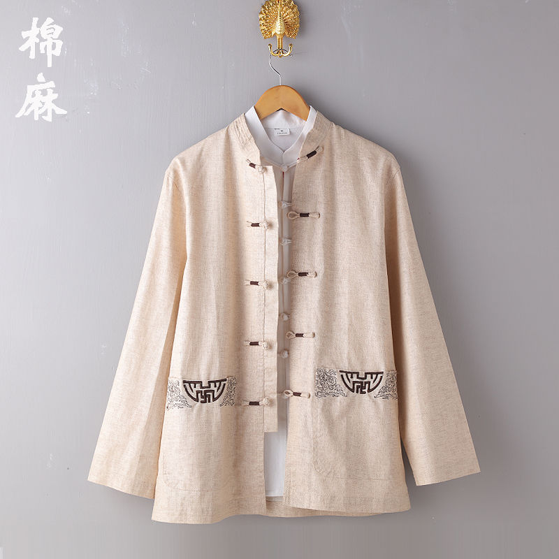 Middle-aged and elderly men's long sleeves Chinese style spring and summer standings linen shirt disc buckle cotton linen blouse men's men's men's men 's