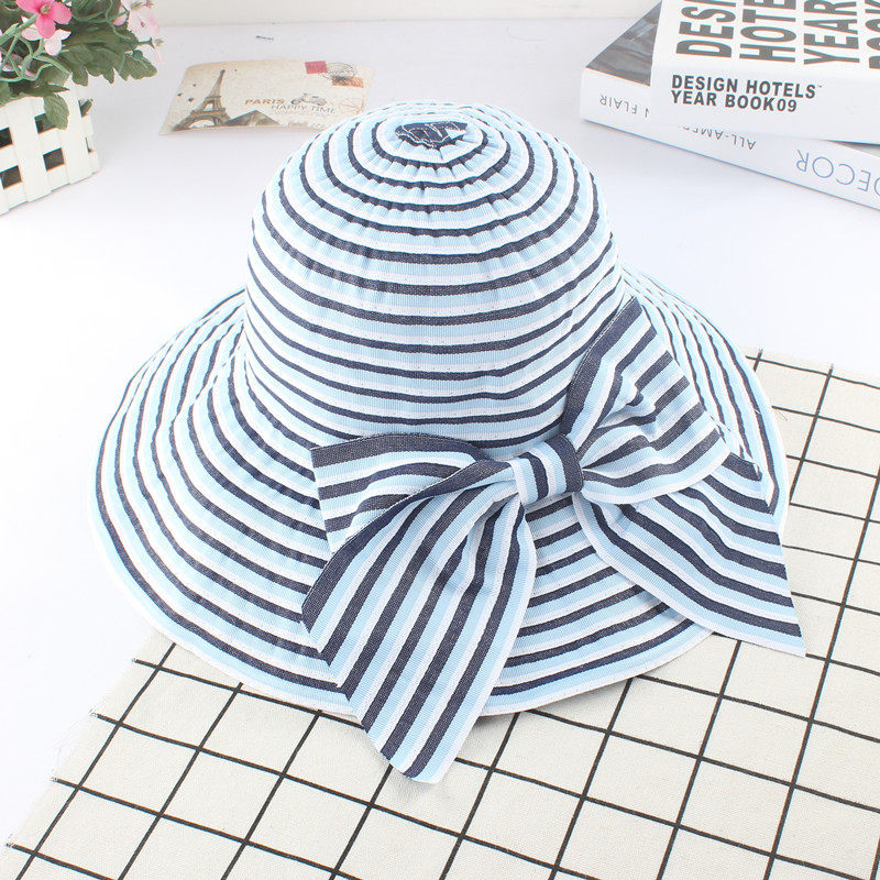 新遮阳帽女夏天可折叠帽子潮出游度假条纹大蝴蝶结布帽宽檐太阳帽详情12