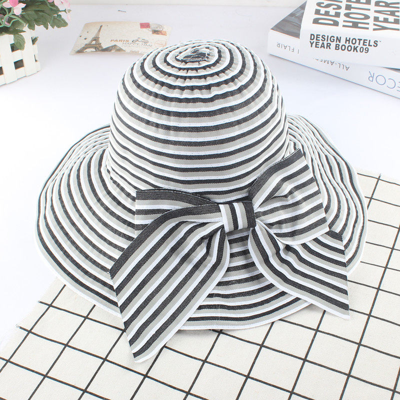 新遮阳帽女夏天可折叠帽子潮出游度假条纹大蝴蝶结布帽宽檐太阳帽详情11