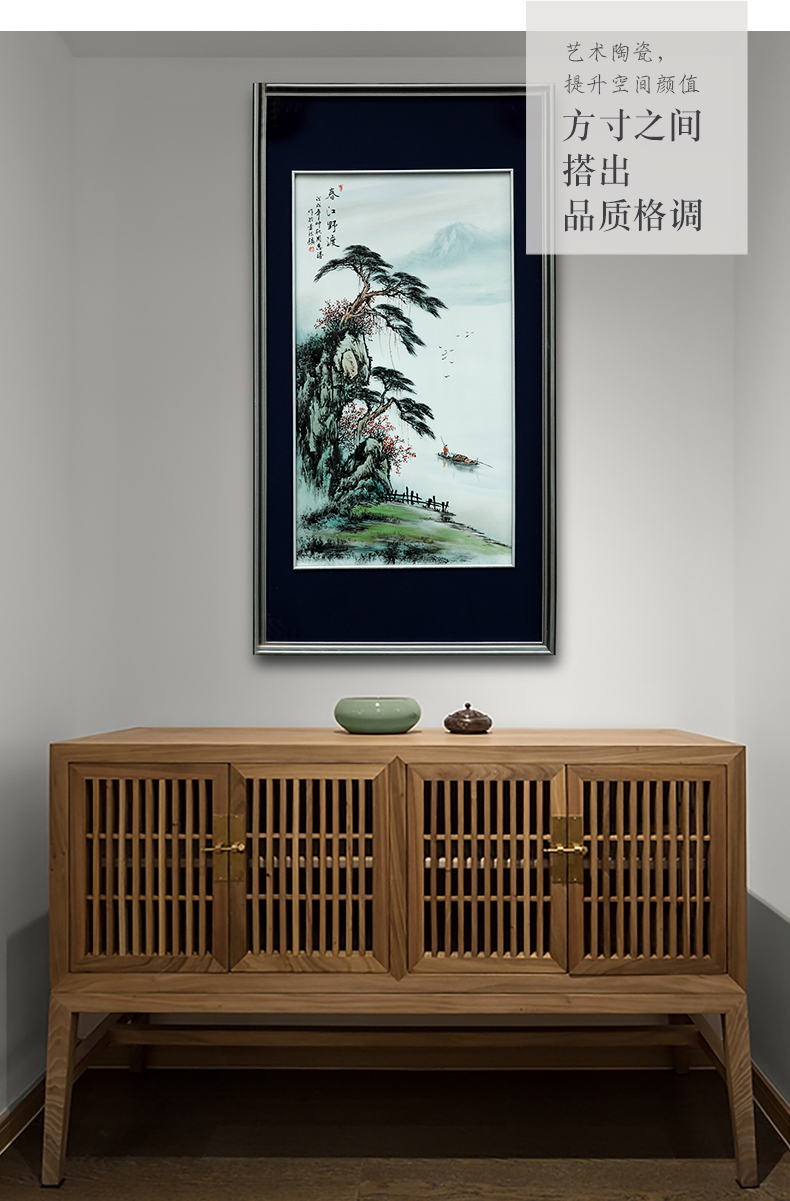 Jingdezhen porcelain plate painting hand - made of new Chinese style household hangs a picture sitting room landscapes mural decoration solid wooden frame