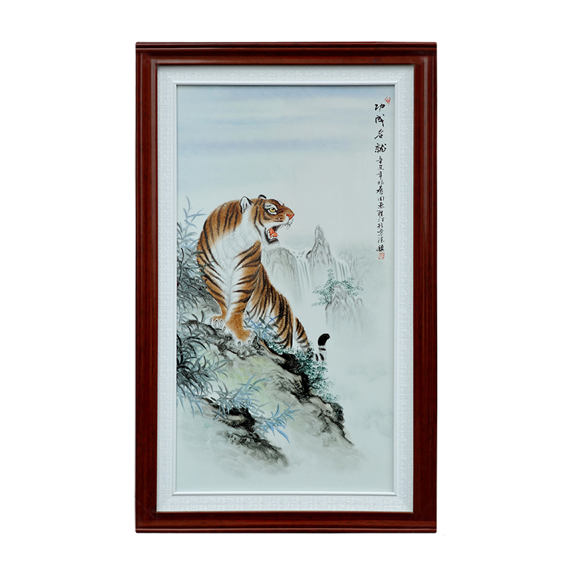 Jingdezhen hand - made porcelain plate painting tiger sitting room porch decoration sofa setting wall is solid wooden frame, the study ceramic hang a picture
